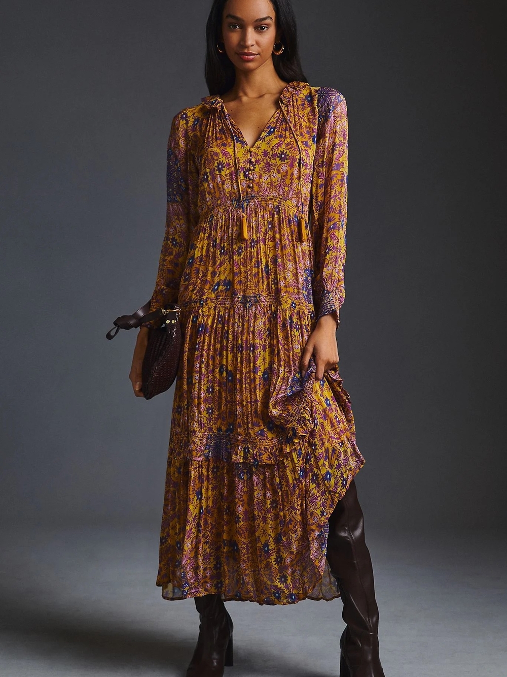 Anthropologie The Marais Printed Chiffon Maxi Dress Boho Hippie Sz S